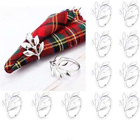 12 st Servett Ringar och Hållare, (BLAD, Silver) Metall Servett Ring