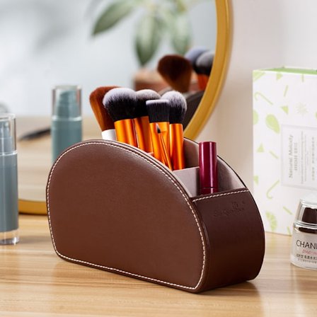 Lær TV-fjernkontrollholder skrivebordsarrangør med 5 rom brun