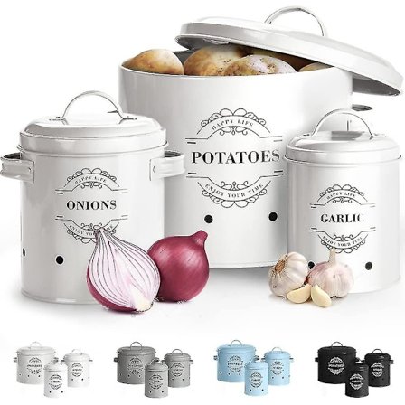 Hvidløgskurve Metal Løg Gryde Sæt Af 3-kartoffel Gryde. Løg Gryde. Krukke Med Hvidløg.