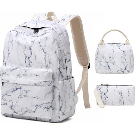 Ryggsäck kompatibel Tonårsflickor Lättviktig Högkapacitets Studentbokväska Kvinnor Ryggsäck Med Lunchväska Pennväskor Studentbokväskor 3st (Marmorvit)