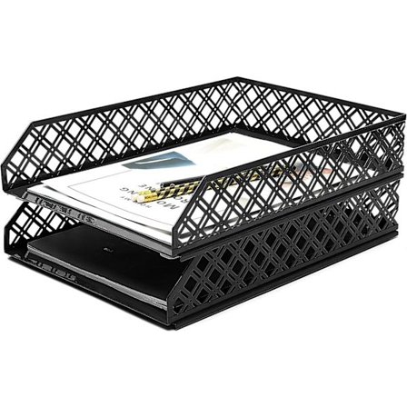 2-pakks stabelbar brevkurv - Papirsorterer / Skrivebordsarrangør / Kontorarkivkurv - Metallgitter - Svart