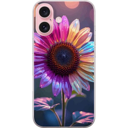 Kompatibelt Mobildeksel til Apple iPhone 16 Irideserende blomst med glitrende kronblad i rosa lilla og gull mot myk bokeh bakgrunn