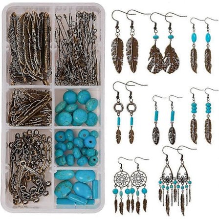 DIY 8 Par Bohheme Fjer Drømmefanger Ørering Fremstillingssæt Antik Bronze Fjer Charm Connector Turkis Ædelsten Perler Ørering Kroge Smykker Su