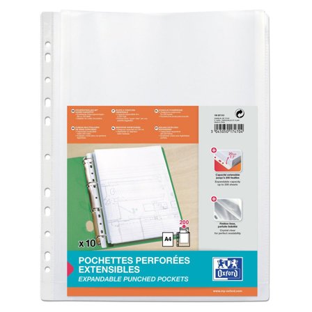 OXFORD Plastficka, A4, stansad, 200 mikrometer, polypropylen, jämn, 11 hål, genomskinlig 10/fp - Lyreco - Kontorsmaterial - Mappar och plastfickor - 