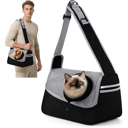 Hundbärsele för små hundar och katter, andningsbar kattbärväska, resväska, justerbar axelrem (gråsvart)