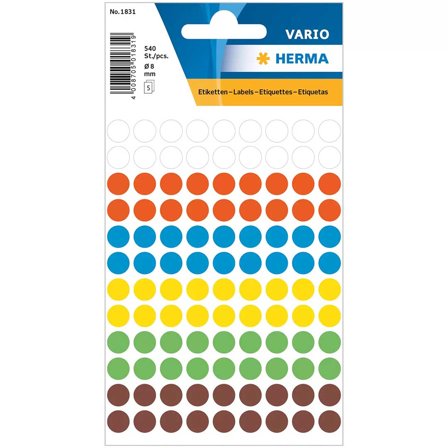 HERMA Rund klisteretikett Ø8mm 540-pack Mixade färger