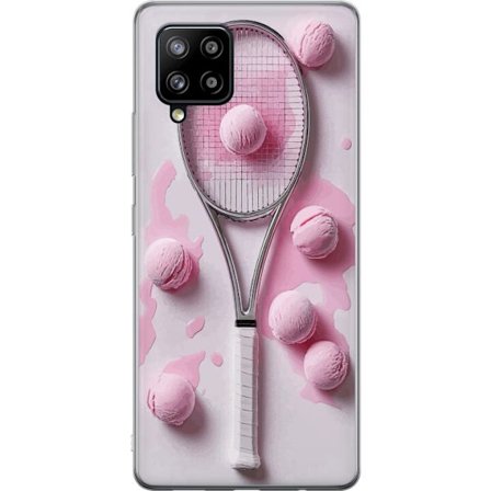 Kompatibel Mobilcover til Samsung Samsung Galaxy A42 5G Rosa glaskugler og tennisketsjer i et kreativt stillbillede med legende popfølelse og moderne