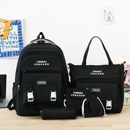 Skolerygsæk til kvinder, grundskoleelever, trendy farver, mellem- og gymnasieelever, let rygsæk med stor kapacitet - sort