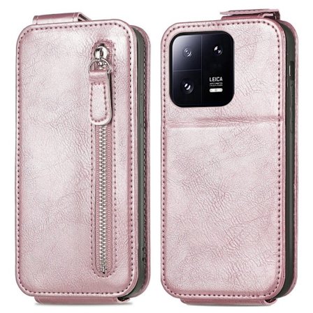 Vertical Flip Phone Etui med Zipper til Xiaomi 13 Pro - Rødguld