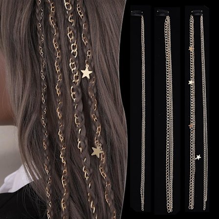 3 kpl Punk-tyyliset kultaiset hiuspidikkeet, Punk-tupsuilla koristellut hiustenpidennykset, Poninhäntähiusketju Hiustarvikkeet