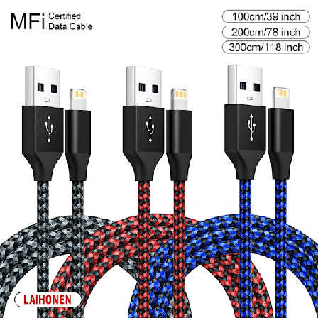 LAIHONEN USB-kabel för iPhone 5 6 7 8 Plus X XS XR 11 12 13 14 Pro Max SE 1m 2m 3m Lång Kort iOS Data Laddare Sladd Snabbladdning