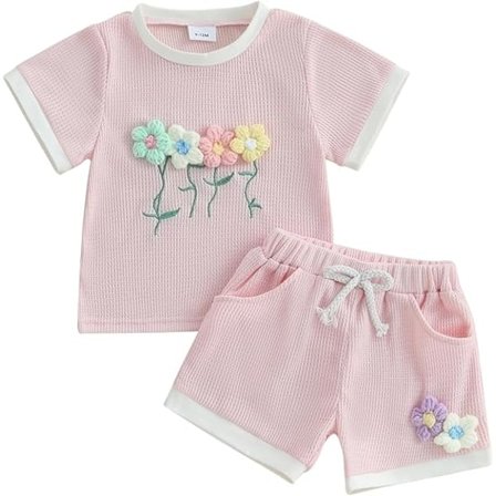 Småbørn Baby Pige Sommer Tøj Vaffel 3D Blomster Kortærmede Toppe Elastiske Talje Shorts Søde Spædbarns Sæt