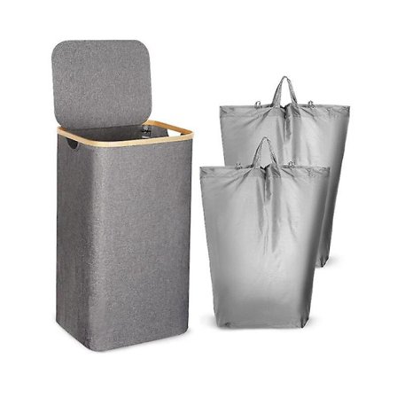 Vasketøjskurv med låg - Vasketøjskurv 3 rum Stor Vasketøjskurv med 2 Aftagelige poser Bambus Vasketøjskurv Beskidt Tøj Vasketøjsbeholder (gr