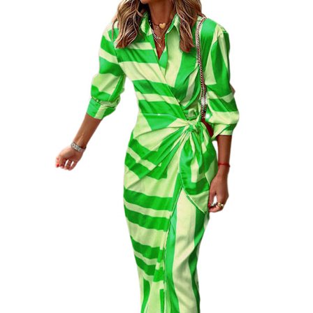 leeve Trykt Lapel Slip-on Skjorte Wrap Kjole Midi Kjole (Grøn S)