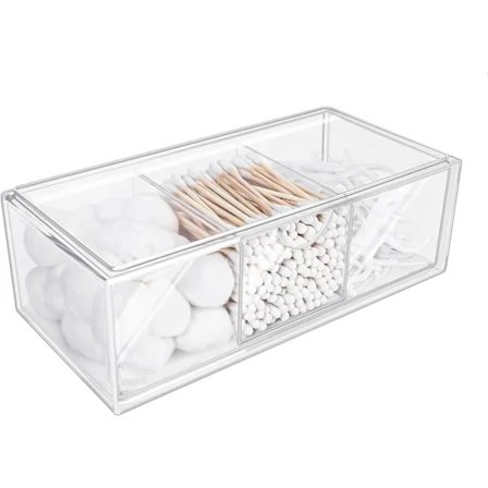 /EA/1 st Akryl Bomullspinne Låda 3 Fack, Transparent Bomullspinne Förvaring, Mini Plastlåda Organizer, för Sminkbord, Badrumsförvaring och Orga