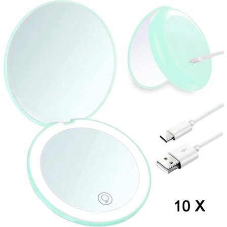 Makeup Spejl - Belyst Kompakt Spejl - Genopladeligt - 1x/10x Forstørrelse Makeup Spejl - Spejl
