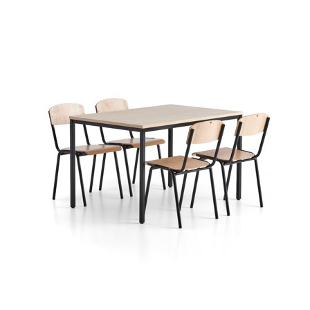 Kantinenpaket JAMIE + WILSON, 1 Tisch + 4 Stühle, Birke, schwarz