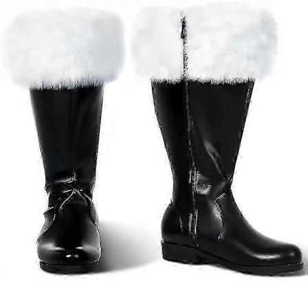 Julemandens Støvler - Sorte Lædersko med Hvid Plysmanchet til Halloween Cosplay