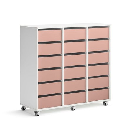 Elevförvaring CASPER, 18 lådor, hjul, vit, mörkrosa