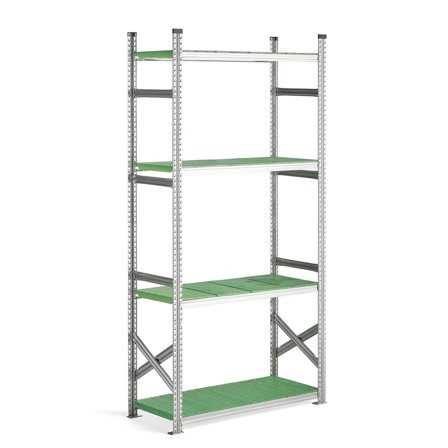 Reol grunnseksjon med grønne plasthyller, 2500x1200x500 mm