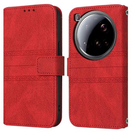 For Xiaomi 15 Ultra Deksel Lommebok Skin-Touch Lær Preget Telefondeksel - Rød