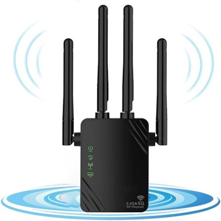 Wi-Fi-forsterker, Dual Band 2.4G/5G 1200Mbps, Dekning Opp Til 10M2, 2 Lan-porter (Svart)