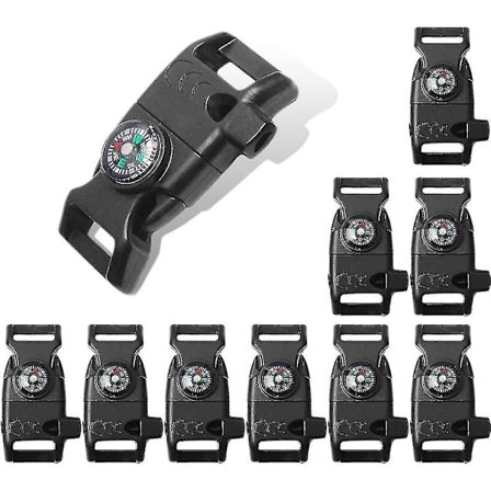 10 kpl pakkaus Musta 5/8" Kompassi Piikiven Raaputin Tulen Sytytin Pilli Solki Muovinen Paracord Rannekoru Ulkoilu Retkeily Hätäselviytymis 