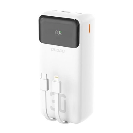 Powerbank 30000 mAh med hurtig opladning og indbyggede kabler – hvid