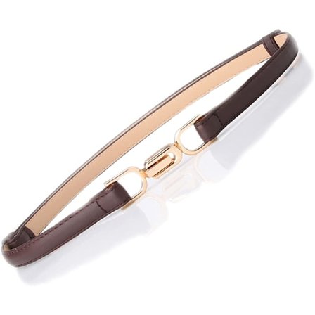 Kvinners smale belte i imitert skinn - justerbart smalt belte i PU-skinn med metallspenne - smalt belte til kvinners denimkjole (brunt)