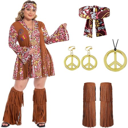 Plus Size Hippie Kostym för Kvinnor 60-tal 70-tal Disco Kläder Halloween Festklänning Set