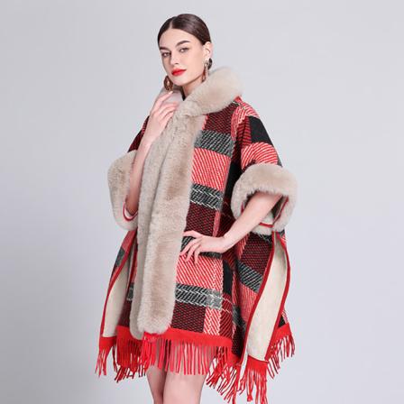 Syksyn ja talven muodikas viittahuivi plus samettipaksutettu turkiskaulus ruudullinen hupullinen tupsu neulottu huiviviitta Plaid red plus velvet 80-