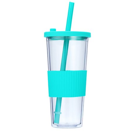 Dubbelväggiga plastglas med lock och sugrör