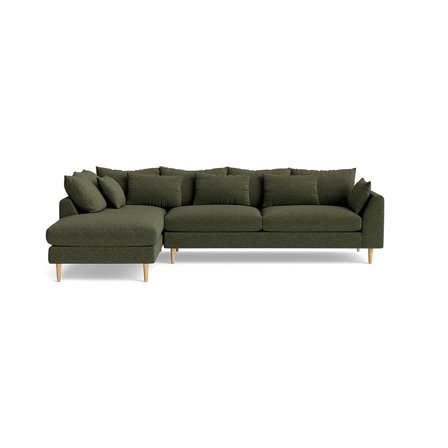 Ofelia Chaiselong Sofa, Venstrevendt - Boston Grøn - 300x210x85cm - Elegant Chaiselong Sofa i Blødt Kvalitetsstof med Puder