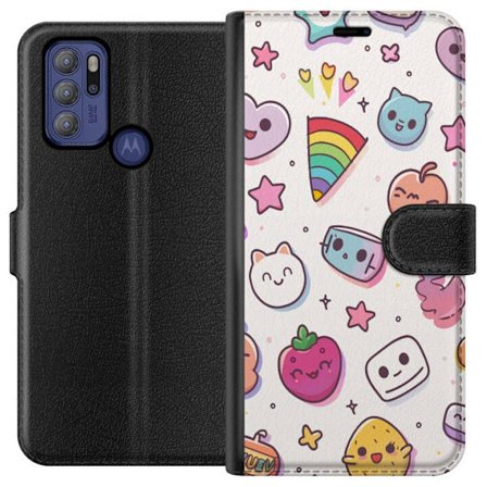 Kompatibelt Plånboksfodral till Motorola Motorola Moto G60S Kawaii doodle kollage med söta figurer, frukter, stjärnor, hjärtan och pastellfärger