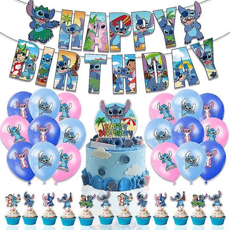 Stitch Tegneserie Banner Balloner Kage Toppers Sæt Børn Glad Fødselsdagsfest Dekoration Forbrugsvarer