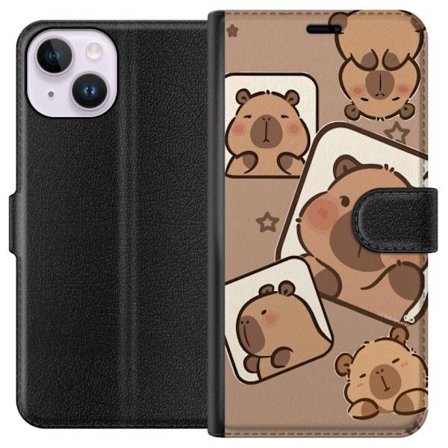 Kompatibel Tegnebogsetui til Apple iPhone 15 Capybara Frame Friends Legende design med små kapibarer i firkanter med stjerner og beige baggrund