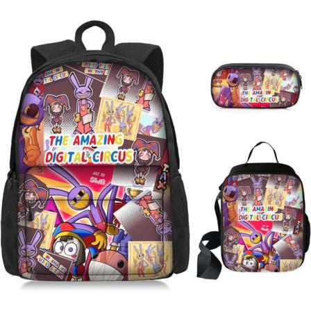 3-delad set Digital Circus Ryggsäckar Herr och Dam Lätta Skolväska, Måltidsväskor, Pennväskor, Fantastiska Digitala Cirkus Anime Ryggsäckar