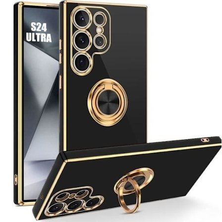 Silicone Case - BOOLING - för Samsung Galaxy S24 Ultra - Stöttålig Skydd - 360° Rotating Ring - Svart