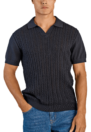 Lindbergh Knitted S/S cable v-neck polo Knit Överdelar Herr Blå S