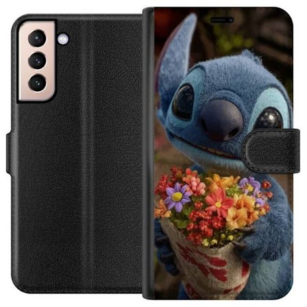 Kompatibel Tegnebogsetui til Samsung Samsung Galaxy S21 Sød blå figur med store øjne, der holder en farverig buket i en varm og kær stil