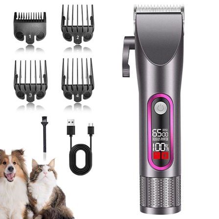 Hundeklipper, profesjonell klipper for langt, tykt hår, støysvak katteklipper, med LCD-skjerm og 4 kamtilbehør