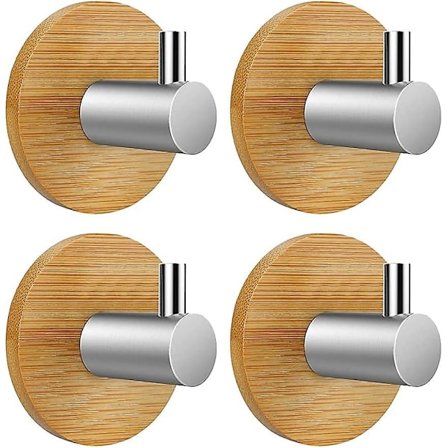 Itseliimautuva koukku seinäkoukku itseliimautuva koukku kylpyhuone keittiö toimisto ovi, 4 kpl (bambu ja ruostumaton teräs, pyöreä)