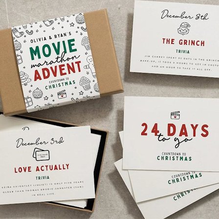 Julkalenderkort 2022, 24 st, Familjefilmlista Sångjulkalender, 24 dagar Julnedräkningsboxidéer Julgåva