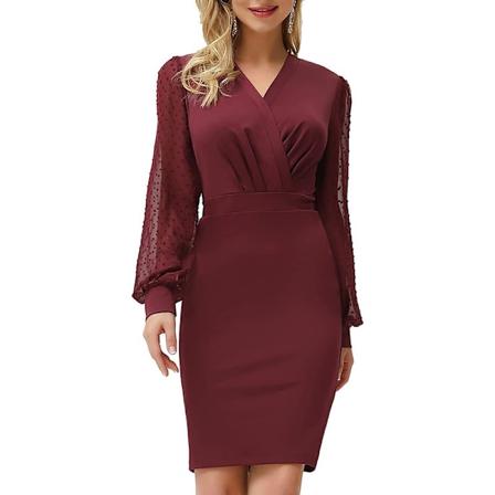 Kvinnors klänningar långärmad wrap V-ringad bodycon affärsklänning Wine Red XL