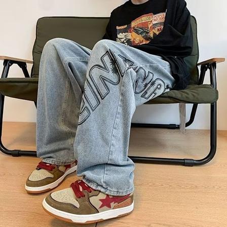 Street Trykte Jeans Mænds Efterår Mode Retro Løs Brede Ben Bukser Forår Og Efterår Ny Blue M