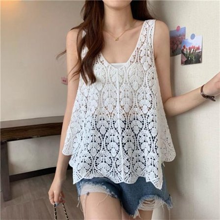 Ärmlöst linne stickad camisole-topp VIT