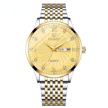 Dubbel Kalender Klocka Par Stål Armband Klocka Chenxi Herr- och Damklocka med Diamant