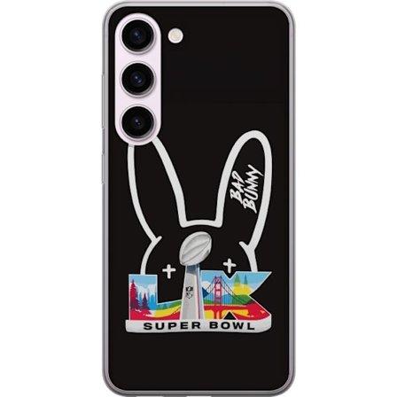 Kompatibel Mobilcover til Samsung Galaxy S23 Bad Bunny portræt med åben skjorte, tatoveringer og krøllet hår i stilfuld modefotografering