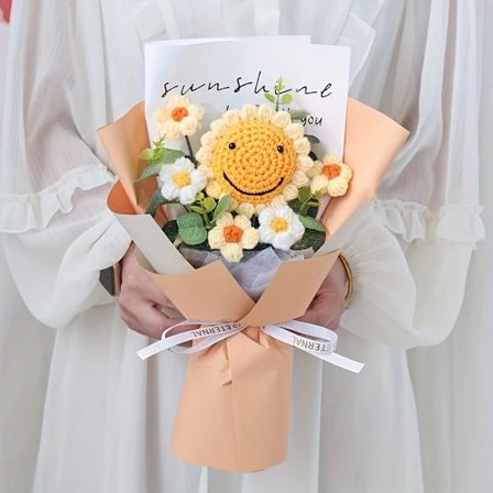 Solsikke Buket – Strikket Smilende Ansigt, Fødselsdag, Valentinsdag & Mors Dags Gave_OF