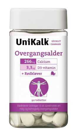 Unikalk Overgangsalder - Kalk 266 mg, D-vitamin 3,3 μg + Rødkløver 90 tabl., Helse & Madvarer, Kosttilskud Til Kvinder, Overgangsalder